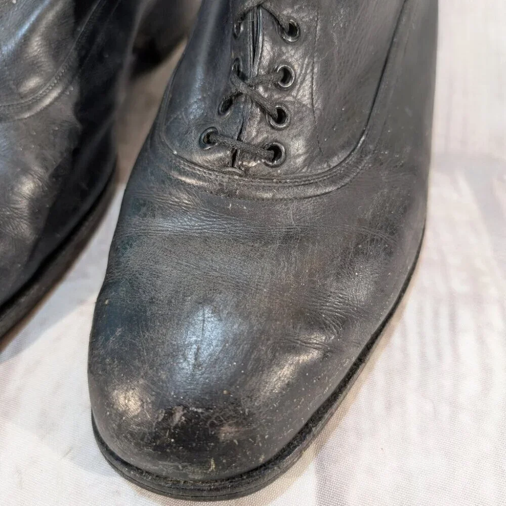 Vintage Black Leather Lace-Up Ankle Boots